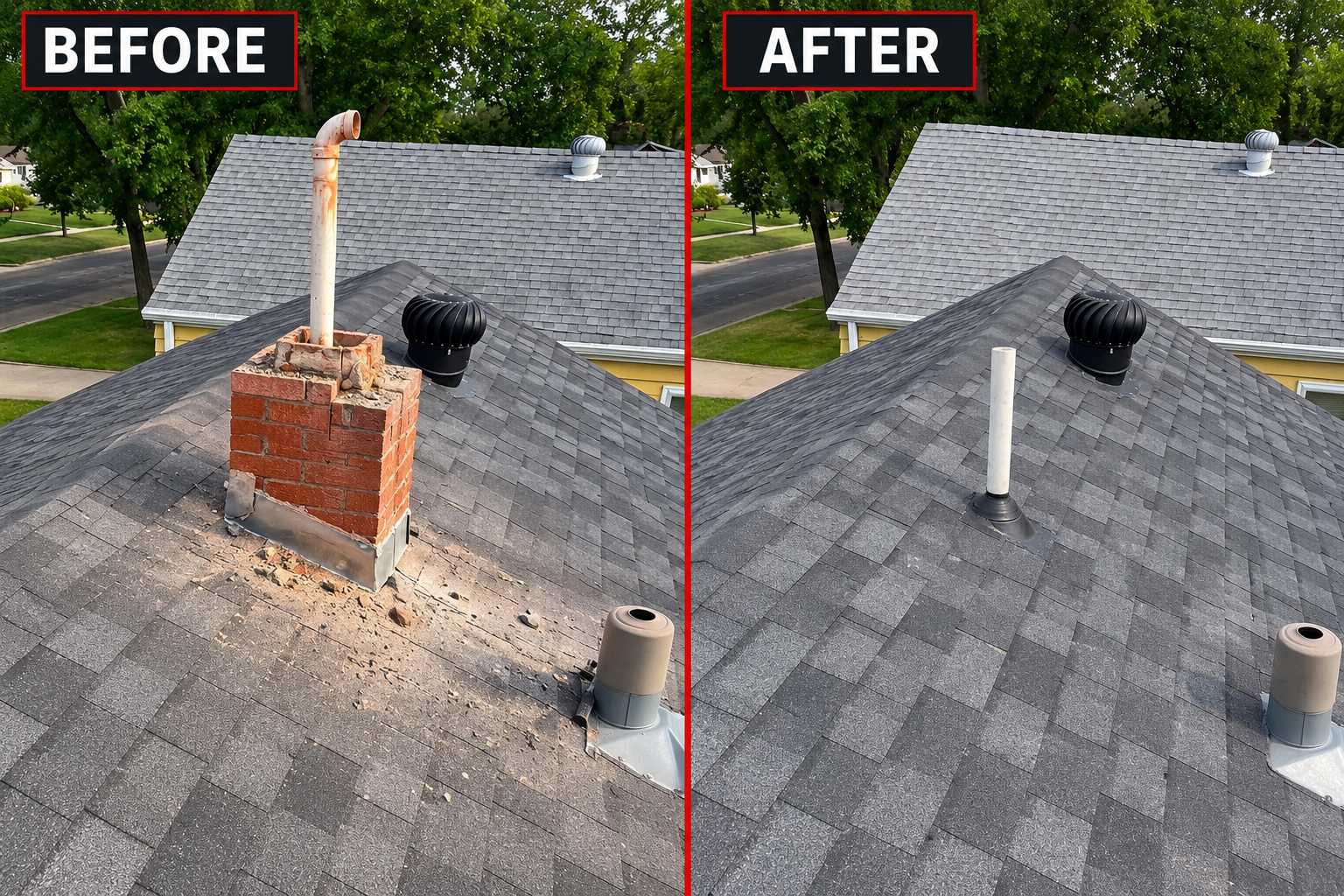Before and after chimney removal and roof repair